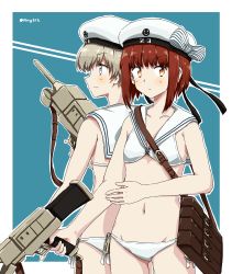 Rule 34 | 2girls, absurdres, any (lucky denver mint), bag, beret, bikini, blonde hair, blue background, blue eyes, buckle, closed mouth, collarbone, cowboy shot, flat chest, gun, hat, highres, holding, holding weapon, kantai collection, multicolored eyes, multiple girls, navel, orange eyes, outline, profile, red hair, sailor bikini, sailor collar, serious, short hair, shoulder bag, sidelocks, smile, standing, stomach, swimsuit, trigger discipline, twitter username, two-tone background, v-shaped eyebrows, weapon, white bikini, white hat, white outline, yellow eyes, z1 leberecht maass (kancolle), z3 max schultz (kancolle)