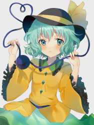 Rule 34 | 1girl, absurdres, aqua eyes, aqua hair, aqua skirt, black hat, blush, bow, commentary request, cowboy shot, frilled shirt collar, frilled sleeves, frills, grey background, hands up, hat, hat bow, heart, heart of string, highres, holding, kayanogura, komeiji koishi, long sleeves, looking at viewer, shirt, simple background, skirt, solo, third eye, touhou, wide sleeves, yellow bow, yellow shirt