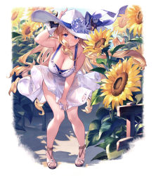 Rule 34 | 1girl, blonde hair, blue eyes, breasts, character request, cleavage, clothes lift, copyright request, dress, dress lift, fence, flower, full body, hat, highres, large breasts, leaning forward, long hair, looking at viewer, pointy ears, razia, skirt hold, solo, standing, sun hat, sundress, sunflower, u jie, very long hair, white hat, wind, wind lift, wooden fence