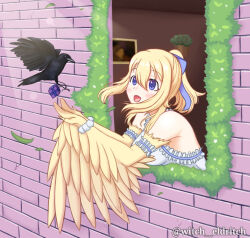 Rule 34 | 1girl, bare shoulders, bird, blonde hair, blue eyes, blush, breasts, commentary, crow, english commentary, feathers, hair between eyes, hair ribbon, harpy, highres, indie virtual youtuber, mavia (vtuber), medium breasts, monster girl, open mouth, ribbon, sleeveless, solo, twitter username, virtual youtuber, window, winged arms, wings, witch eldritch, yellow feathers, yellow wings