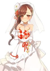 Rule 34 | 1girl, bad id, bad twitter id, bare shoulders, bouquet, breasts, bridal veil, bride, brown eyes, brown hair, cleavage, commentary request, dress, elbow gloves, flower, gloves, hair flower, hair ornament, highres, jewelry, long hair, looking at viewer, nanadonai365, necklace, ponytail, saionji reimi, smile, solo, star ocean, star ocean anamnesis, star ocean the last hope, strapless, strapless dress, veil, wedding dress, white dress, white flower, white gloves