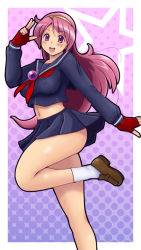 Rule 34 | 1girl, asamiya athena, ass, blush, breasts, gloves, long hair, medium breasts, open mouth, pink hair, purple eyes, school uniform, shoes, smile, snk, socks, solo, standing, the king of fighters, the king of fighters xiii, tsumitani daisuke