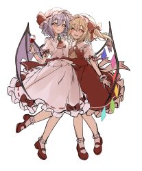 Rule 34 | 2girls, absurdres, ascot, bat wings, blonde hair, blush, crystal wings, cup, drinking glass, flandre scarlet, frilled shirt, frilled skirt, frills, haruki (colorful macaron), hat, highres, holding, holding cup, looking at viewer, medium hair, mob cap, multiple girls, one side up, pink shirt, pink skirt, purple hair, red ascot, red eyes, red footwear, red ribbon, red shirt, red skirt, remilia scarlet, ribbon, shirt, short hair, short sleeves, siblings, sisters, skirt, socks, touhou, vampire, white hat, white socks, wine glass, wings, yellow ascot