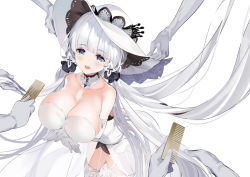 Rule 34 | 1girl, absurdly long hair, ann (ann58533111), azur lane, bare shoulders, blue eyes, breast hold, breasts, brushing hair, cleavage, comb, dress, elbow gloves, from above, garter straps, gloves, hair ribbon, hat, illustrious (azur lane), large breasts, long hair, looking at viewer, ribbon, see-through, simple background, sleeveless, sleeveless dress, solo, strapless, strapless dress, sun hat, thighhighs, very long hair, white background, white dress, white hair, white hat