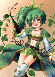 Rule 34 | 1girl, ;o, alcohol, blush, bottle, bow, bra, breasts, chisato (missing park), cleavage, dagger, fang, flower knight girl, green bow, green bra, green eyes, green hair, green skirt, hair bow, hop (flower knight girl), jewelry, knife, long hair, medium breasts, name connection, necklace, object namesake, one eye closed, open mouth, orange background, plant, shirt, side ponytail, skirt, solo, thighhighs, underwear, vines, weapon, white thighhighs, wine, wine bottle