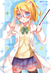 Rule 34 | 10s, 1girl, ayase eli, bespectacled, blonde hair, blue eyes, glasses, lab coat, long hair, love live!, love live! school idol project, mogu (au1127), pointer, ponytail, school uniform, solo, thighhighs