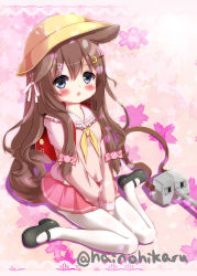 Rule 34 | 1girl, animal ears, azur lane, backpack, bag, bag charm, between legs, black footwear, blue eyes, blush, bow, brown hair, cannon, charm (object), crescent, crescent hair ornament, diagonal stripes, dog ears, dog girl, dog tail, frilled sailor collar, frills, fumizuki (azur lane), hair bow, hair ornament, hairclip, hand between legs, hat, highres, hikaru6382, kindergarten uniform, long hair, long sleeves, looking at viewer, mary janes, neckerchief, pantyhose, parted lips, pink bow, pink shirt, pink skirt, pleated skirt, randoseru, sailor collar, school hat, shirt, shoes, sidelocks, sitting, skirt, solo, striped, tail, twitter username, very long hair, wariza, white pantyhose, white sailor collar, yellow hat, yellow neckerchief