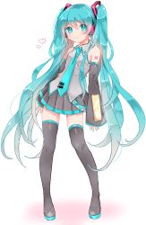 Rule 34 | 1girl, aqua eyes, aqua hair, aqua nails, aqua necktie, bare shoulders, belt, black skirt, black sleeves, black thighhighs, blouse, boots, commentary, contrapposto, derivative work, detached sleeves, full body, grey shirt, hair ornament, hatsune miku, headphones, headset, heart, highres, long hair, looking at viewer, nail polish, necktie, number tattoo, shirt, shoulder tattoo, skindentation, skirt, sleeveless, sleeveless shirt, sleeves past wrists, smile, solo, standing, tattoo, thigh boots, thighhighs, twintails, very long hair, vocaloid, vocaloid boxart pose, yomigi, zettai ryouiki