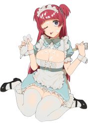 Rule 34 | 1girl, 2l (2lsize), :p, absurdres, apron, aqua bow, aqua dress, black footwear, blunt bangs, blush, bow, bowtie, breasts, center frills, cleavage, cleavage cutout, clothing cutout, commentary, dress, food, food on body, food on breasts, food on face, frilled apron, frilled sleeves, frills, highres, holding, holding whisk, icing, large breasts, long hair, maid, maid apron, maid headdress, mary janes, nail polish, one eye closed, original, panties, pantyshot, pastry bag, puffy short sleeves, puffy sleeves, red hair, red nails, shoes, short sleeves, simple background, sitting, solo, striped bow, striped bowtie, striped clothes, suggestive fluid, thighhighs, tongue, tongue out, two side up, underwear, waist apron, wariza, whisk, white apron, white background, white panties, white thighhighs, wrist cuffs