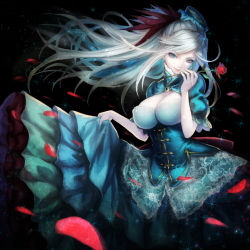 Rule 34 | 1girl, black background, blonde hair, blue eyes, breasts, cleavage, clothes lift, corset, dress, feather hair ornament, feathers, flower, gem, hair ornament, hat, highres, holding, lace, large breasts, lifted by self, light particles, long hair, original, petals, red flower, red rose, rose, ryuuzaki ichi, simple background, skirt, skirt lift, smile, solo, sparkle