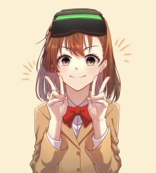 Rule 34 | 0marimo omiram0, 1girl, asymmetrical bangs, blazer, bow, bowtie, brown eyes, brown hair, brown jacket, closed mouth, collared shirt, commentary request, double v, hands up, head-mounted display, highres, jacket, long sleeves, medium hair, misaka imouto, red bow, red bowtie, school uniform, shirt, simple background, smile, solo, toaru majutsu no index, toaru majutsu no index: imaginary fest, tokiwadai school uniform, upper body, v, white shirt, winter uniform