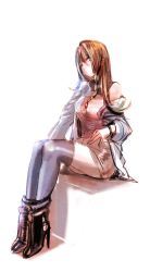 Rule 34 | 1girl, bare shoulders, boots, bow (bhp), brown hair, high heel boots, high heels, highres, jacket, long hair, original, simple background, sitting, solo, white background