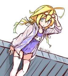 Rule 34 | 10s, 1girl, :o, adjusting goggles, beize (garbage), blonde hair, blue eyes, goggles, goggles on head, gradient eyes, gradient hair, green eyes, green hair, hair ribbon, i-8 (kancolle), jacket, kantai collection, multicolored eyes, multicolored hair, ribbon, school swimsuit, sitting, swimsuit, thighhighs, twitter username, two-tone hair, white background, white thighhighs