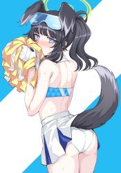 Rule 34 | 1girl, animal ears, ass, bare shoulders, black hair, blue archive, blue background, blue eyes, blush, breasts, cheerleader, clothes lift, covering own mouth, eyewear on head, goggles, goggles on head, hibiki (blue archive), hibiki (cheer squad) (blue archive), kumadano, long hair, looking at viewer, millennium cheerleader outfit (blue archive), miniskirt, mouth hold, panties, pom pom (cheerleading), skirt, skirt lift, solo, sunglasses, sweat, tail, thighs, twintails, underwear, white panties