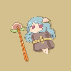 Rule 34 | 1girl, blue hair, blush stickers, chibi, chopsticks, female focus, food, food as clothes, fruit, hinanawi tenshi, inishie, jitome, long hair, looking at viewer, lying, no headwear, no headwear, on back, peach, red eyes, shadow, solo, touhou