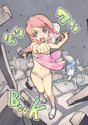 Rule 34 | 00s, 1girl, :d, aged down, bare shoulders, birdy cephon altera, blue eyes, clenched hand, eyebrows, flat chest, foreshortening, grey background, head tilt, looking at viewer, midriff, multicolored hair, navel, open mouth, outstretched arms, pink hair, punching, round teeth, ryo chimo, simple background, smile, solo, stomach, teeth, tetsuwan birdy, tetsuwan birdy decode, thick eyebrows, unconscious, x x