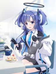 Rule 34 | 1girl, absurdres, bare legs, blue archive, blue eyes, blue sky, blush, book, brewstar37a, burisuta, cake, chair, cup, food, halo, highres, jacket, looking at viewer, mug, pen, school uniform, sitting, sky, solo, twintails, white jacket, window, yuuka (blue archive)