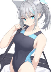 Rule 34 | 1girl, absurdres, animal ear fluff, animal ears, bag, black one-piece swimsuit, blue archive, blue eyes, breasts, competition swimsuit, covered navel, cross hair ornament, extra ears, grey hair, hair ornament, halo, highleg, highleg swimsuit, highres, looking at viewer, low ponytail, medium breasts, medium hair, mismatched pupils, multicolored clothes, multicolored swimsuit, ochiai miyabi, official alternate costume, one-piece swimsuit, shiroko (blue archive), shiroko (swimsuit) (blue archive), simple background, solo, swimsuit, white background, wolf ears