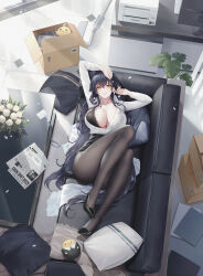Rule 34 | 1girl, absurdres, alexiel (pixiv6211566), arm up, azuma (azur lane), azur lane, black bra, black hair, black pantyhose, black skirt, box, bra, cardboard box, commentary request, from above, highres, legs, looking at viewer, manjuu (azur lane), office lady, pantyhose, paper, pillow, plant, potted plant, shirt, skirt, smile, soles, solo, underwear, white shirt, yellow eyes