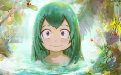 Rule 34 | 1girl, asui tsuyu, black eyes, boku no hero academia, closed mouth, dark green hair, forest, green hair, light particles, lights, nature, partially submerged, plant, portrait, solo, water, wet, wet hair, youtube, yugen99