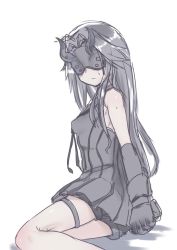 Rule 34 | 10s, 1girl, abyssal ship, arms behind back, bad id, bad twitter id, bare shoulders, bdsm, black dress, black gloves, black hair, blush, bondage, bound, bound wrists, breasts, closed mouth, dress, elbow gloves, frown, gloves, hair intakes, horns, inactive account, kantai collection, light cruiser princess, long hair, mask, sailor dress, short dress, simple background, sitting, sleeveless, sleeveless dress, small breasts, solo, suga saru, sweat, thigh strap, white background, yokozuwari