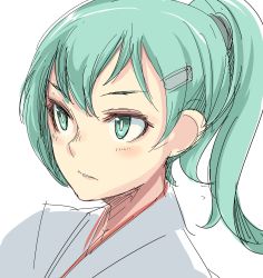Rule 34 | 10s, 1girl, alternate costume, alternate hairstyle, aqua eyes, aqua hair, commentary request, green eyes, green hair, hair ornament, hair tie, hairclip, highres, isetta, japanese clothes, kantai collection, kimono, long hair, ponytail, simple background, solo, suzuya (kancolle), upper body, white background