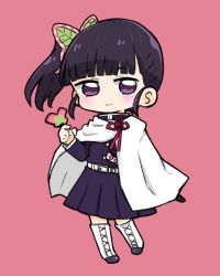 Rule 34 | 1girl, animal, animal on hand, black hair, blunt bangs, blush, boots, bug, butterfly, butterfly hair ornament, cape, chibi, closed mouth, commentary request, cross-laced footwear, full body, hair ornament, hand up, highres, insect, jacket, katana, kimetsu no yaiba, knee boots, lace-up boots, nozo (hitomiz), pink background, pleated skirt, purple eyes, purple jacket, purple skirt, sheath, sheathed, side ponytail, simple background, skirt, smile, solo, sword, tsuyuri kanao, weapon, white cape, white footwear