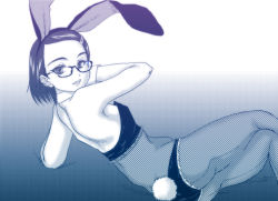 Rule 34 | 1girl, animal ears, ass, breasts, detached collar, fake animal ears, fishnet pantyhose, fishnets, forehead, glasses, hair ornament, hairclip, leotard, looking back, original, p.i.l., pantyhose, parted bangs, parted lips, playboy bunny, rabbit ears, rabbit tail, semi-rimless eyewear, short hair, sideboob, small breasts, smile, solo, tail, under-rim eyewear, wrist cuffs