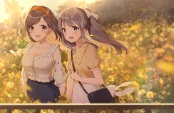 Rule 34 | 2girls, :d, bad id, bad pixiv id, bag, bare shoulders, black skirt, blurry, blurry background, blurry foreground, blush, breasts, brown eyes, brown hair, brown shirt, bug, butterfly, cleavage, collarbone, commentary request, depth of field, field, flower, flower field, hairband, highres, holding strap, idolmaster, idolmaster shiny colors, insect, jacket, kinako (shiratama mochi), long hair, medium breasts, multiple girls, off shoulder, open clothes, open jacket, open mouth, outdoors, ponytail, puffy short sleeves, puffy sleeves, purple eyes, railing, red hairband, shirt, short sleeves, shoulder bag, skirt, small breasts, smile, sunset, tsukioka kogane, very long hair, white jacket, white shirt, white skirt, yellow flower, yukoku kiriko