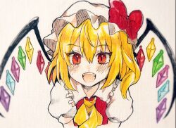 Rule 34 | 1girl, ascot, blonde hair, bow, collared shirt, crystal, flandre scarlet, frilled shirt collar, frills, gaota, hair between eyes, happy, hat, hat bow, highres, looking at viewer, medium hair, mob cap, multicolored wings, one side up, open mouth, puffy short sleeves, puffy sleeves, red bow, red eyes, red vest, shirt, short sleeves, simple background, smile, solo, teeth, touhou, upper body, upper teeth only, vest, white background, white hat, white shirt, wings, yellow ascot