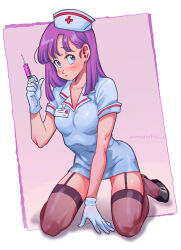 Rule 34 | 1girl, amachu a, artist name, blue eyes, breasts, brown thighhighs, bulma, collared dress, commentary, dragon ball, dragon ball (classic), dress, english commentary, full body, garter straps, gloves, hat, highres, holding, holding syringe, medium breasts, nurse, nurse cap, purple hair, seiza, short dress, sitting, solo, syringe, thighhighs, tilted headwear, white dress, white gloves