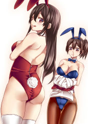Rule 34 | 10s, 2girls, :d, akagi (kancolle), alternate costume, animal ears, ass, back, bad id, bad pixiv id, bare back, bare shoulders, black hair, blood, blue leotard, blush, bow, bowtie, breast hold, breasts, brown eyes, brown hair, brown legwear, cleavage, collarbone, detached collar, fake animal ears, female focus, hair between eyes, holding, japanese clothes, kaga (kancolle), kantai collection, large breasts, legs, leotard, licking lips, lips, long hair, looking at viewer, looking back, looking down, multiple girls, naughty face, nosebleed, open mouth, pantyhose, personification, playboy bunny, rabbit ears, rabbit tail, red leotard, roten (rotenburo), short hair, side ponytail, sideboob, simple background, smile, standing, tail, thighhighs, tongue, tongue out, white background, white legwear, wrist cuffs, yuri, zipper