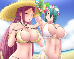 Rule 34 | 2girls, abs, amezuku, arm behind head, arm up, armpits, bare shoulders, beach, bikini, blowing kiss, braid, breasts, circlet, cleavage, cloud, cloudy sky, fire emblem, fire emblem heroes, flower, gold trim, green hair, hair ornament, hand on own chest, hat, head wreath, jewelry, large breasts, lips, loki (fire emblem), long hair, looking at viewer, multiple girls, navel, nintendo, ocean, one eye closed, open mouth, purple bikini, purple eyes, purple hair, shell hair ornament, siblings, sisters, skindentation, sky, smile, straw hat, swimsuit, thorr (fire emblem), white bikini, yellow eyes