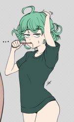 Rule 34 | ..., 1girl, breasts, collarbone, curly hair, flytrapxx, green eyes, green hair, green shirt, grey background, looking at viewer, no pants, one-punch man, shirt, short hair, short sleeves, small breasts, solo, tatsumaki, thighs, toothbrush, toothbrush in mouth