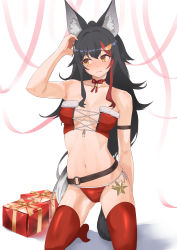 Rule 34 | 1girl, 3:, absurdres, animal ear fluff, animal ears, arm strap, arm up, armpits, bare arms, bare shoulders, bikini, black hair, blush, bow, bowtie, box, breasts, christmas, cleavage, closed mouth, collarbone, embarrassed, frown, full body, fur-trimmed bikini, fur trim, gift, gift box, highres, hololive, kneehighs, kneeling, long hair, looking away, looking to the side, medium breasts, micon, multicolored hair, ookami mio, red bikini, red bow, red bowtie, red hair, red thighhighs, santa bikini, side-tie bikini bottom, sidelocks, simple background, socks, solo, strapless, strapless bikini, streaked hair, swimsuit, tail, thighhighs, two-tone hair, virtual youtuber, white background, wolf ears, wolf girl, wolf tail, yellow eyes
