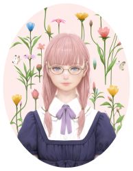 Rule 34 | 1girl, blue eyes, bug, butterfly, flower, glasses, highres, insect, ladybug, lips, long hair, looking at viewer, low twintails, mujiha, original, pink hair, simple background, solo, twintails, upper body, white background