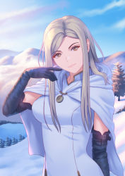 Rule 34 | 1girl, blonde hair, blue cloak, blue dress, blue gloves, blue sky, cleric, cloak, closed mouth, day, dress, elbow gloves, fateline alpha, gloves, highres, long hair, looking at viewer, mountainous horizon, octopath traveler, octopath traveler i, ophilia (octopath traveler), priestess, scenery, sky, smile, snow, tree, yellow eyes