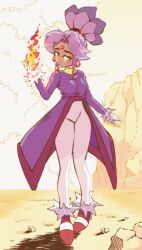Rule 34 | 1girl, blaze the cat, earrings, fire, forehead jewel, fur-trimmed footwear, fur-trimmed gloves, fur trim, gloves, highres, humanization, jacket, jewelry, looking at viewer, nano (nanolovesyou), pants, pink footwear, ponytail, purple hair, purple jacket, sonic (series), white gloves, white pants, yellow eyes