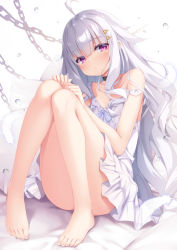 Rule 34 | 1girl, ahoge, bare legs, bare shoulders, barefoot, black choker, blue ribbon, blunt bangs, blush, chain, choker, closed mouth, collarbone, commentary request, convenient leg, dress, feathers, full body, hair ornament, hairclip, highres, knees up, legs, long hair, looking at viewer, original, purple eyes, ribbon, short dress, silver hair, simple background, sitting, sleeveless, sleeveless dress, solo, strap slip, sundress, tomifumi, very long hair, water drop, white background, white dress