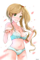 Rule 34 | 1girl, absurdres, bikini, blue panties, blush, bra, breasts, brown hair, cleavage, cowboy shot, fang, green eyes, highres, inuyama aoi, large breasts, long hair, looking at viewer, navel, panties, shy, side ponytail, simple background, skin fang, solo, stomach, swimsuit, thick eyebrows, underwear, underwear only, white background, yurucamp