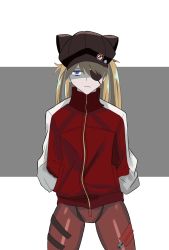 Rule 34 | 1girl, artist request, black hat, blue eyes, bodysuit, breasts, brown hair, cowboy shot, evangelion: 3.0 you can (not) redo, expressionless, eyepatch, hands in pockets, hat, highres, jacket, long hair, looking at viewer, neon genesis evangelion, plugsuit, rebuild of evangelion, red bodysuit, red jacket, shaded face, shiny clothes, simple background, solo, souryuu asuka langley, standing, straight hair, swept bangs, very long hair, wide hips