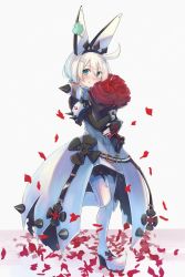 Rule 34 | 1girl, ahoge, blue eyes, blush, bouquet, bridal veil, closed mouth, clover, dress, elphelt valentine, flower, four-leaf clover, full body, guilty gear, guilty gear xrd, hair between eyes, hair ornament, highres, holding, holding bouquet, huge ahoge, leg up, looking at viewer, mogupon, red flower, red rose, rose, simple background, smile, solo, spikes, standing, standing on one leg, veil, wedding dress, white background, white hair