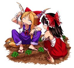 Rule 34 | 2girls, adapted costume, alternate footwear, black hair, blush stickers, bow, bug, centipede, chain, commentary request, detached sleeves, dirty, disgust, flip-flops, hair bow, hair tubes, hakurei reimu, horns, ibuki suika, leaf, long hair, looking at another, multiple girls, orange hair, overalls, purple overalls, red neckwear, red overalls, sandals, shimizu pem, shirt, sleeveless, tongue, tongue out, touhou, white background, white shirt