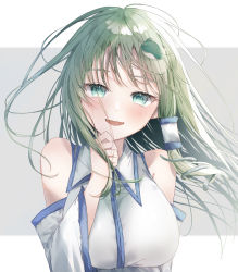 Rule 34 | 1girl, :d, bare shoulders, blush, breasts, detached sleeves, frog hair ornament, furawast, green eyes, green hair, grey background, hair ornament, hair tubes, hand up, head tilt, highres, kochiya sanae, large breasts, long hair, looking at viewer, open mouth, shirt, simple background, smile, snake hair ornament, solo, touhou, upper body, white shirt, wing collar