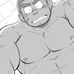 Rule 34 | 1boy, abs, bara, beard, blush, facial hair, flustered, greyscale, large pectorals, looking at viewer, male focus, monochrome, muscular, nipples, pectorals, pov, saruhiko (mtmnkmn), scar, short hair, solo, tamamura gunzo, thick eyebrows, tokyo houkago summoners, topless male, upper body