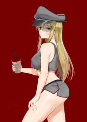 Rule 34 | 1girl, alternate costume, bismarck (kancolle), blonde hair, blue eyes, bubble tea, c-da, cowboy shot, crop top, grey hat, grey shorts, hand on own thigh, hat, highres, kantai collection, long hair, looking at viewer, midriff, military hat, peaked cap, red background, shirt, short shorts, shorts, simple background, sleeveless, sleeveless shirt, solo, standing, tank top