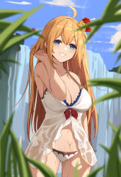 Rule 34 | 1girl, absurdres, ahoge, arm at side, babydoll, bare arms, bare shoulders, bikini, bikini bottom only, blue eyes, blue sky, blurry, blurry foreground, blush, bow, breasts, cleavage, cowboy shot, flower, grin, hair flower, hair ornament, hairband, halterneck, hand up, highres, l.tea, lace trim, large breasts, long hair, looking at viewer, navel, orange hair, outdoors, pecorine (princess connect!), pecorine (summer) (princess connect!), princess connect!, red bow, see-through, sky, smile, solo, standing, swimsuit, teeth, thighs, wet, white bikini, yellow flower
