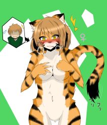 Rule 34 | 1boy, 1girl, artist request, breasts, brown hair, covering privates, covering breasts, faceless, faceless male, furry, highres, nipples, tiger