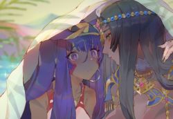 Rule 34 | 2girls, animal ears, bandaged hand, bandages, bare shoulders, black hair, blanket, blurry, blurry background, blush, breasts, closed mouth, competition swimsuit, dark-skinned female, dark skin, day, depth of field, earrings, ears down, facial mark, fate/grand order, fate (series), fingernails, green eyes, hairband, hoop earrings, jackal ears, jewelry, kibadori rue, large breasts, long fingernails, long hair, looking at another, multiple girls, nitocris (fate), nitocris (fate/grand order), nitocris (swimsuit assassin) (fate), nitocris (swimsuit assassin) (second ascension) (fate), one-piece swimsuit, outdoors, pink lips, purple eyes, purple hair, scheherazade (fate), swimsuit, yuri