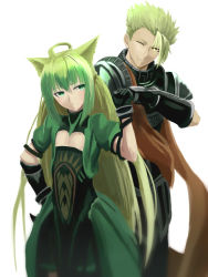 Rule 34 | 1boy, 1girl, achilles (fate), ahoge, animal ears, armor, atalanta (fate), blonde hair, cat ears, fate/apocrypha, fate (series), fist bump, green eyes, green hair, highres, long hair, looking at another, mukade (siieregannsu), multicolored hair, one eye closed, simple background, smile, two-tone hair, very long hair, white background, yellow eyes